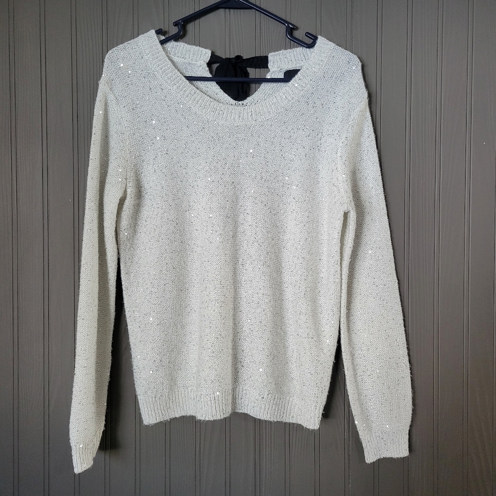a.n.a Sequin Knit Sparkle Sweater Black Bow Detail Back White Women's Medium